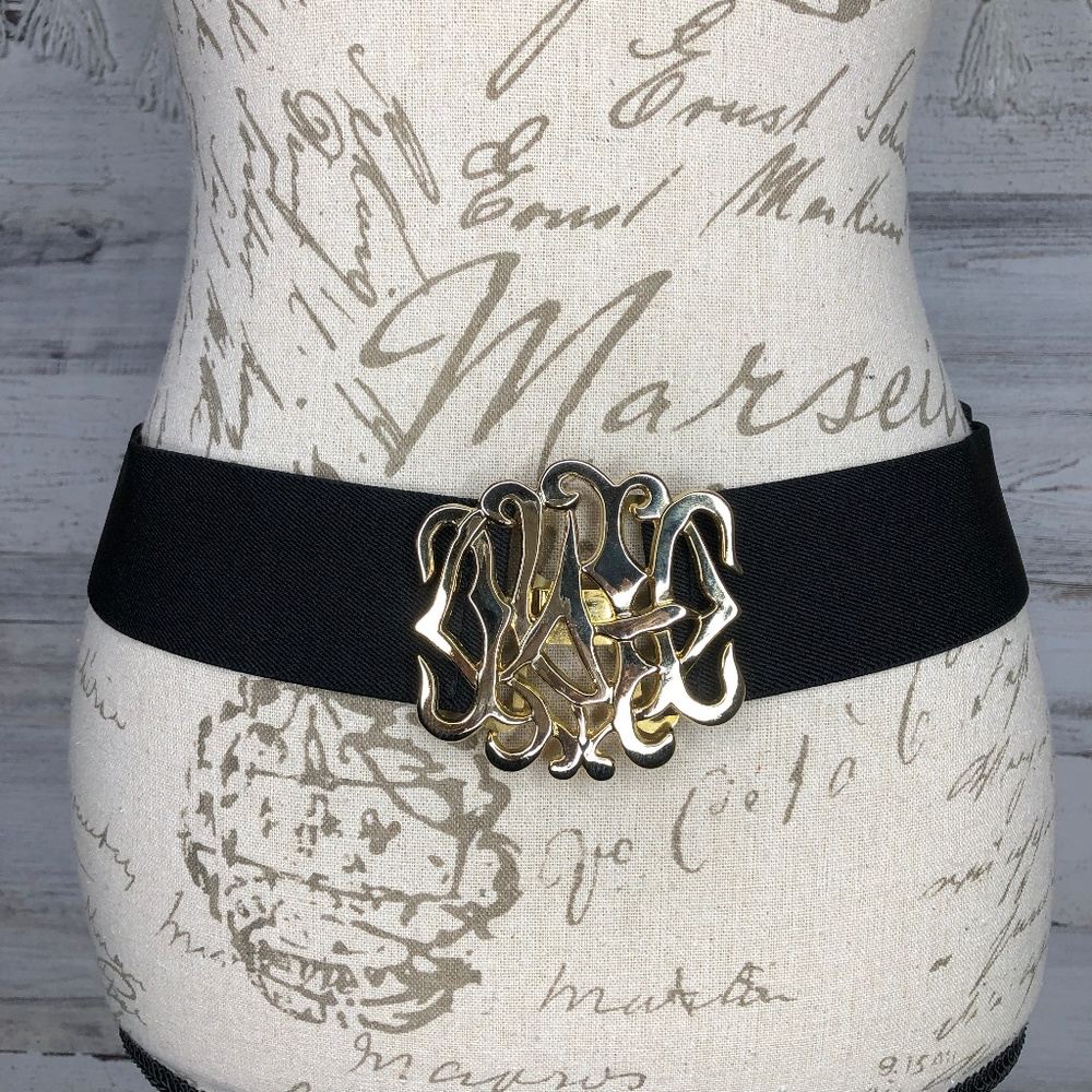 Vintage black stretchy belt gold buckle s/m